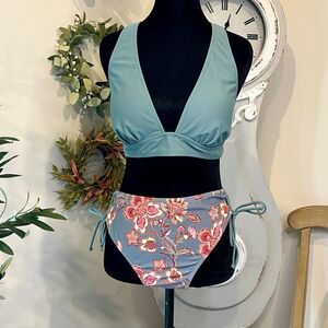 Cupshe High-Waisted Floral Bottom Bikini Set Sage Green V-Neck Bralette Size L